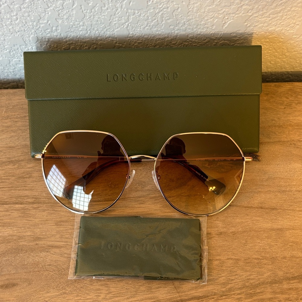Longchamp Gold Frame Brown Gradient Round Sunglasses